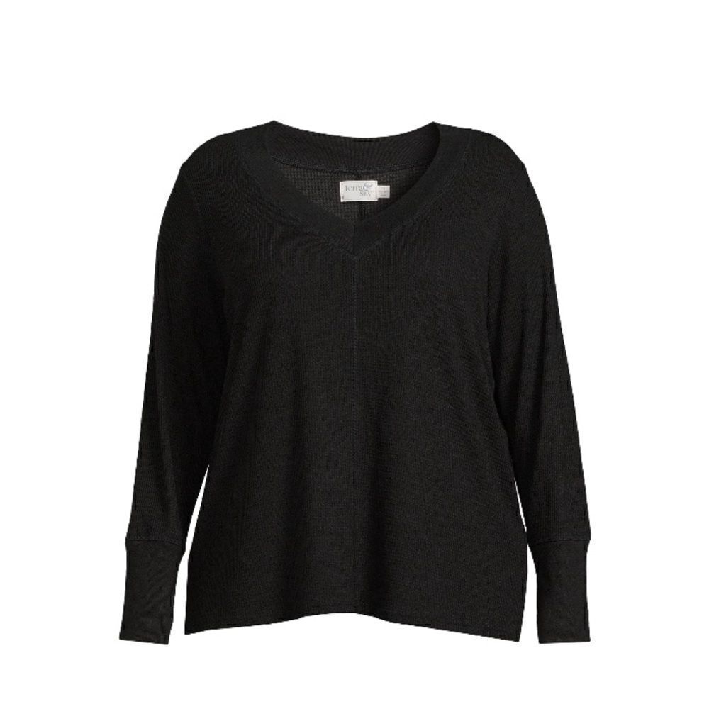 Women's Plus Size Waffle V-Neck Tee Shirt with Long Sleeves, Size 3X